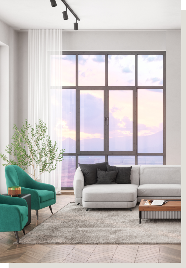 Modern living room with a large window showing a sunset, featuring a white sofa, teal armchairs, a gray rug, and a small coffee table.