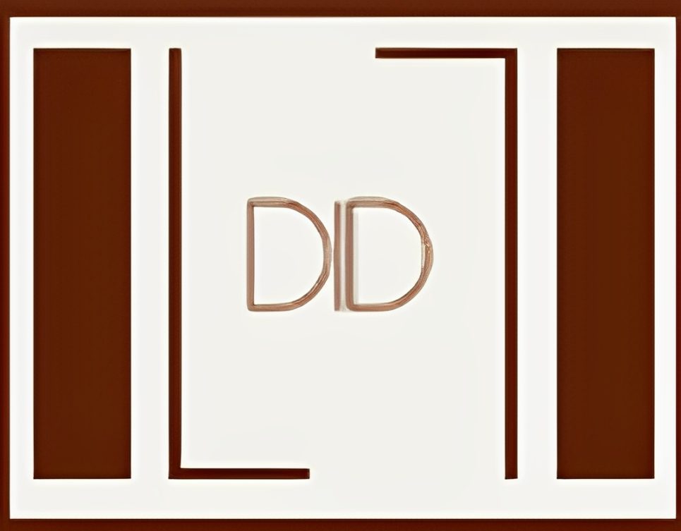 A stylized logo featuring the letters D and D in brown on a white background.